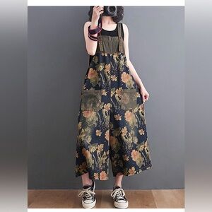 Boutique Floral Wide-Leg Jumpsuit Overall Dark Blue Denim Size L